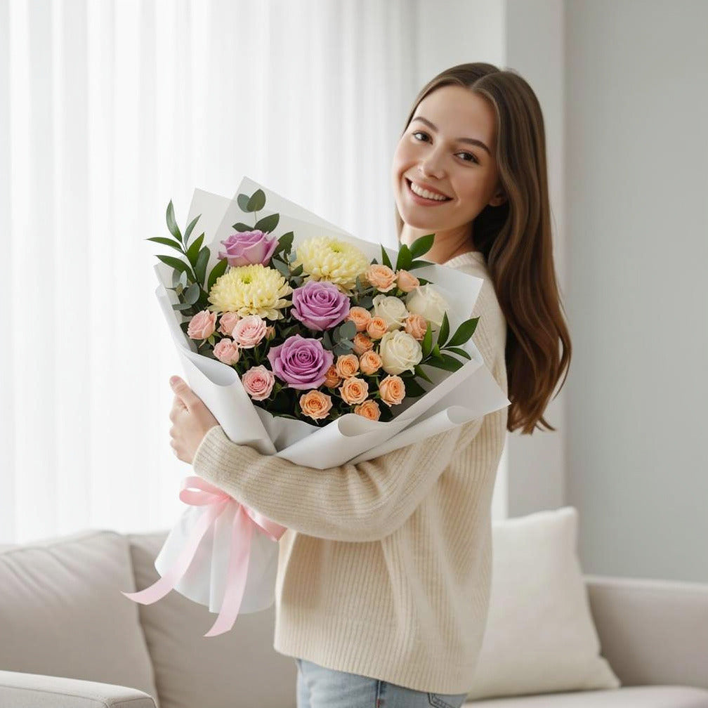 Teacher’s Day White, Purple & Pastel Mixed Rose Bouquet held by a model, view 1