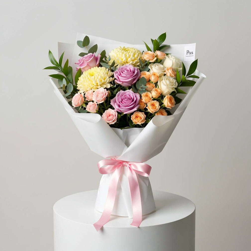 Teacher’s Day White, Purple & Pastel Mixed Rose Bouquet