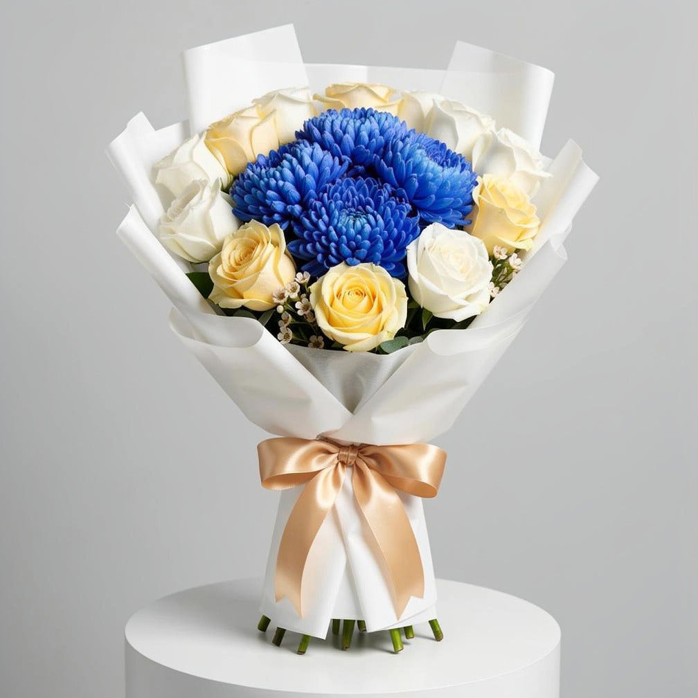 Teacher’s Day White & Yellow Rose with Blue Chrysanthemum Bouquet