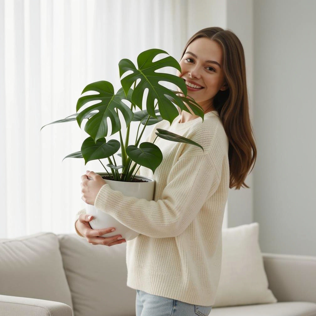 Tropical Monstera Plant held by a model, view 1