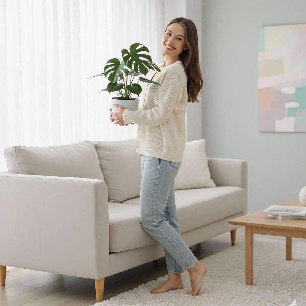 Tropical Monstera Plant held by a model, view 2
