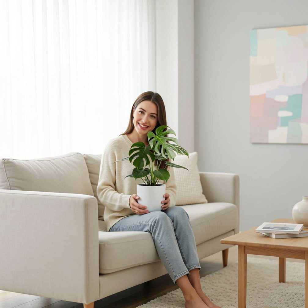 Tropical Monstera Plant held by a model, view 3