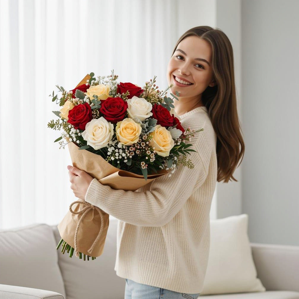 Vibrant Bridal Bouquet of Red, White & Yellow Roses held by a model, view 1
