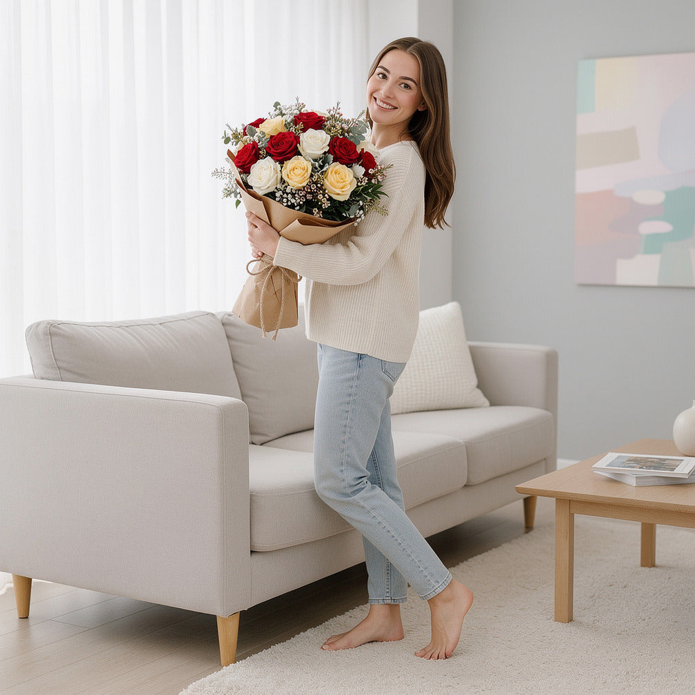 Vibrant Bridal Bouquet of Red, White & Yellow Roses held by a model, view 2