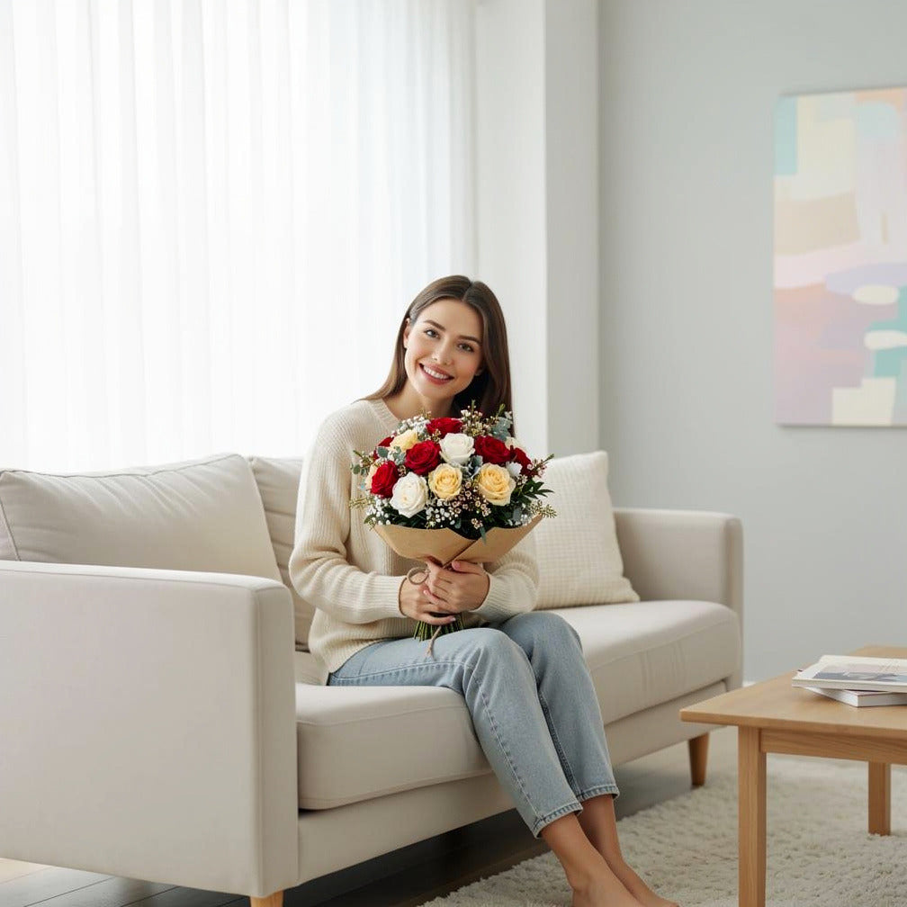 Vibrant Bridal Bouquet of Red, White & Yellow Roses held by a model, view 3