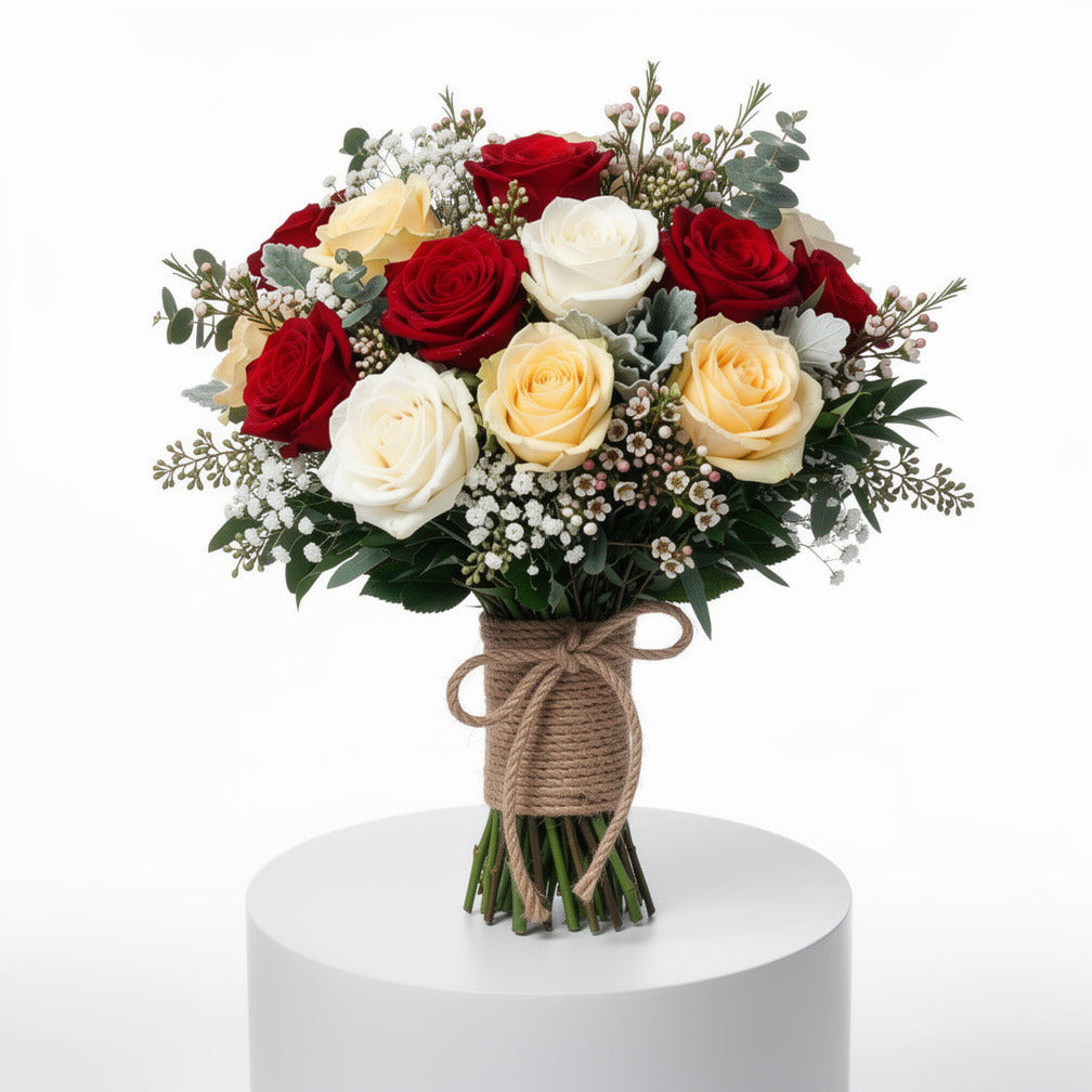 Vibrant Bridal Bouquet of Red, White & Yellow Roses