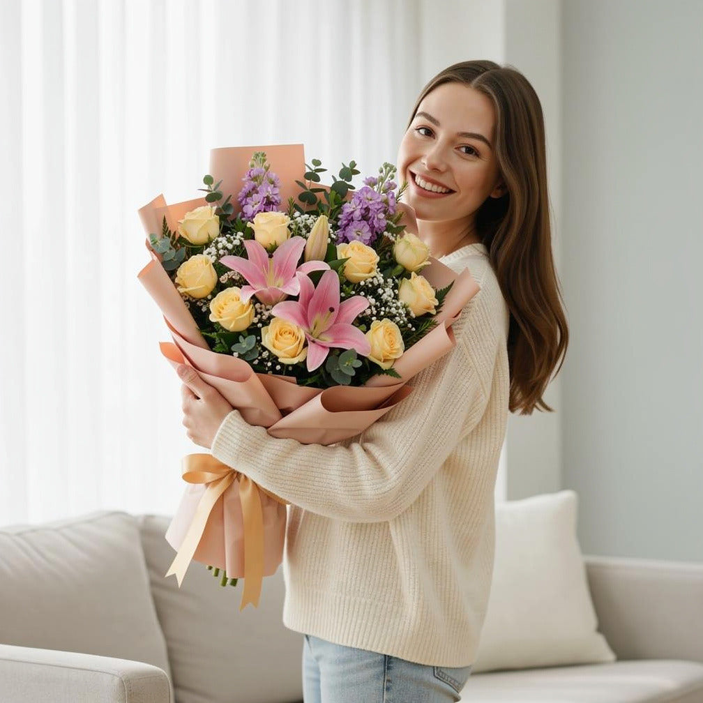 Vibrant Pink Lily & Yellow Rose Bouquet held by a model, view 1