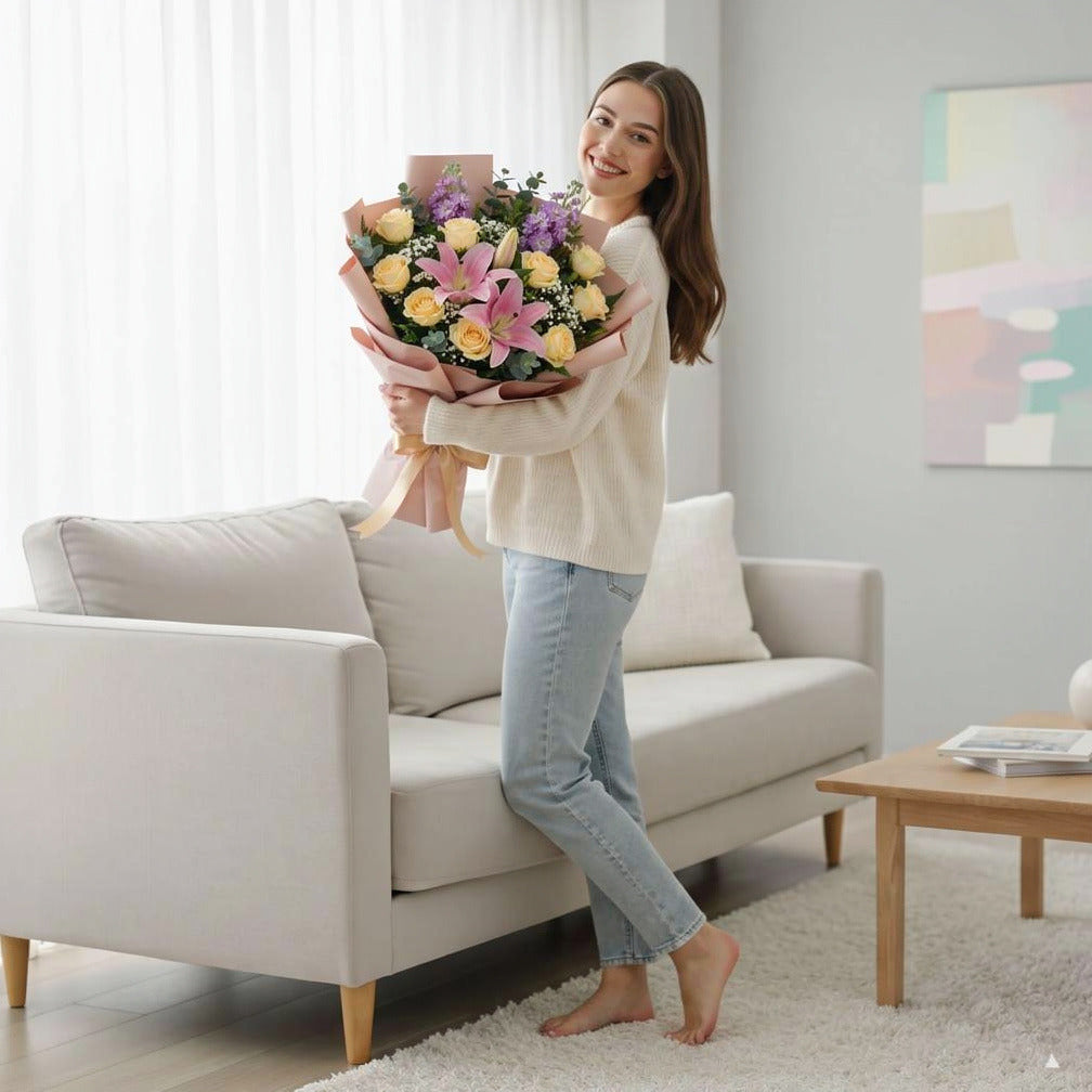 Vibrant Pink Lily & Yellow Rose Bouquet held by a model, view 2