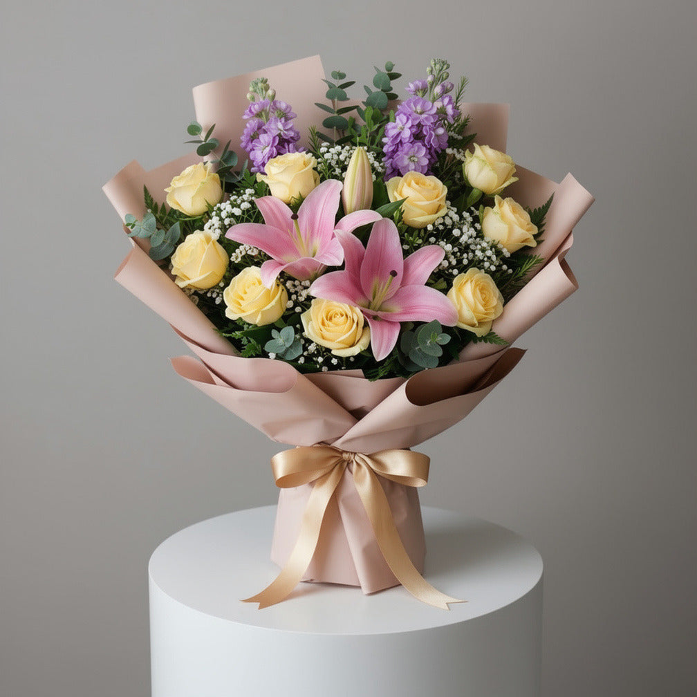 Vibrant Pink Lily & Yellow Rose Bouquet