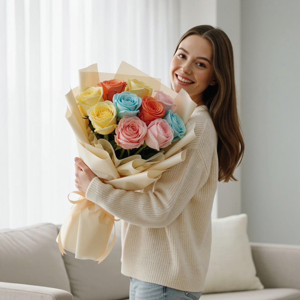 Vibrant Success Mixed Roses Bouquet held by a model, view 1
