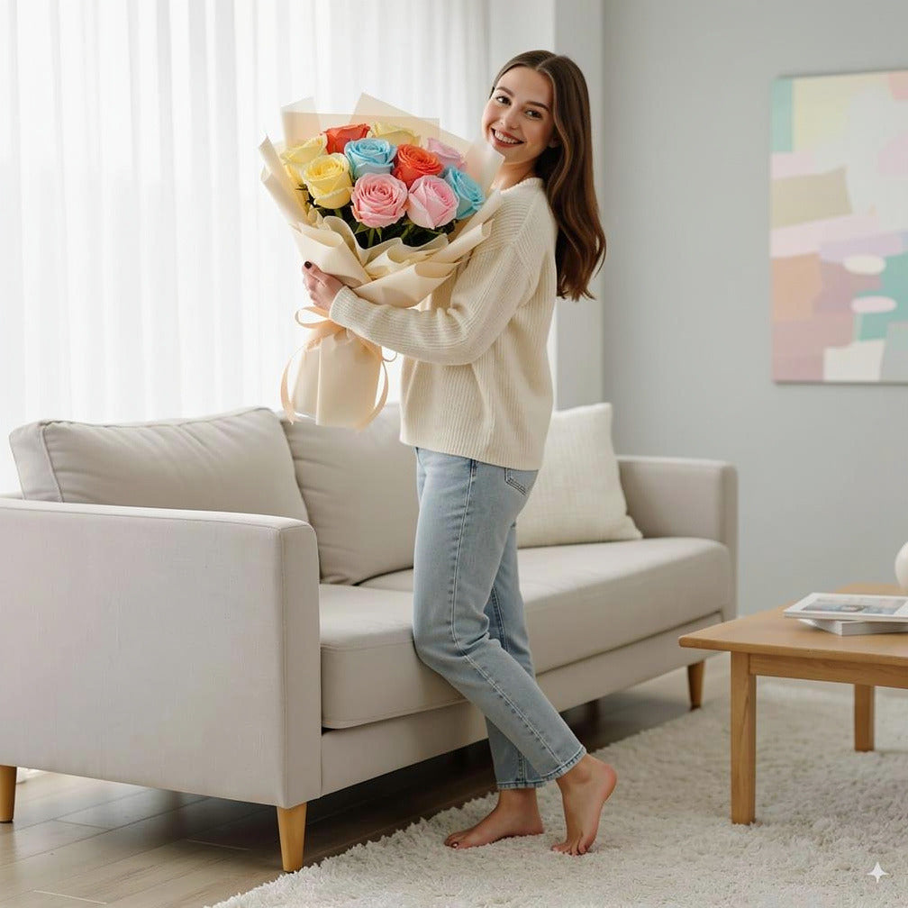 Vibrant Success Mixed Roses Bouquet held by a model, view 2