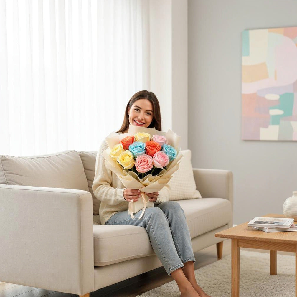 Vibrant Success Mixed Roses Bouquet held by a model, view 3