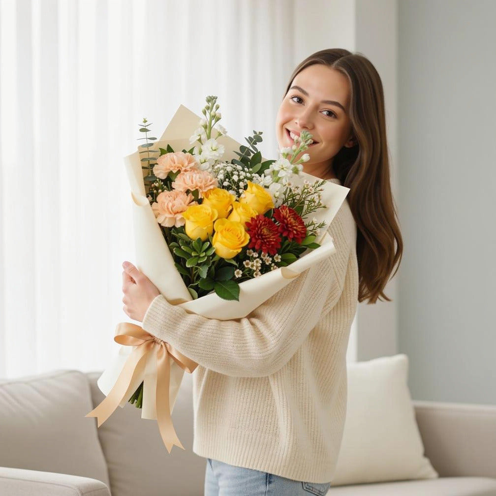 Vibrant Yellow Rose & Peach Carnation Bouquet held by a model, view 1