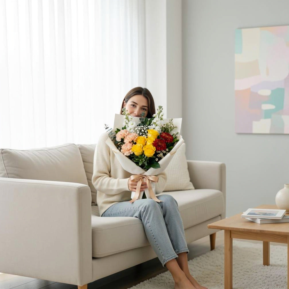 Vibrant Yellow Rose & Peach Carnation Bouquet held by a model, view 3