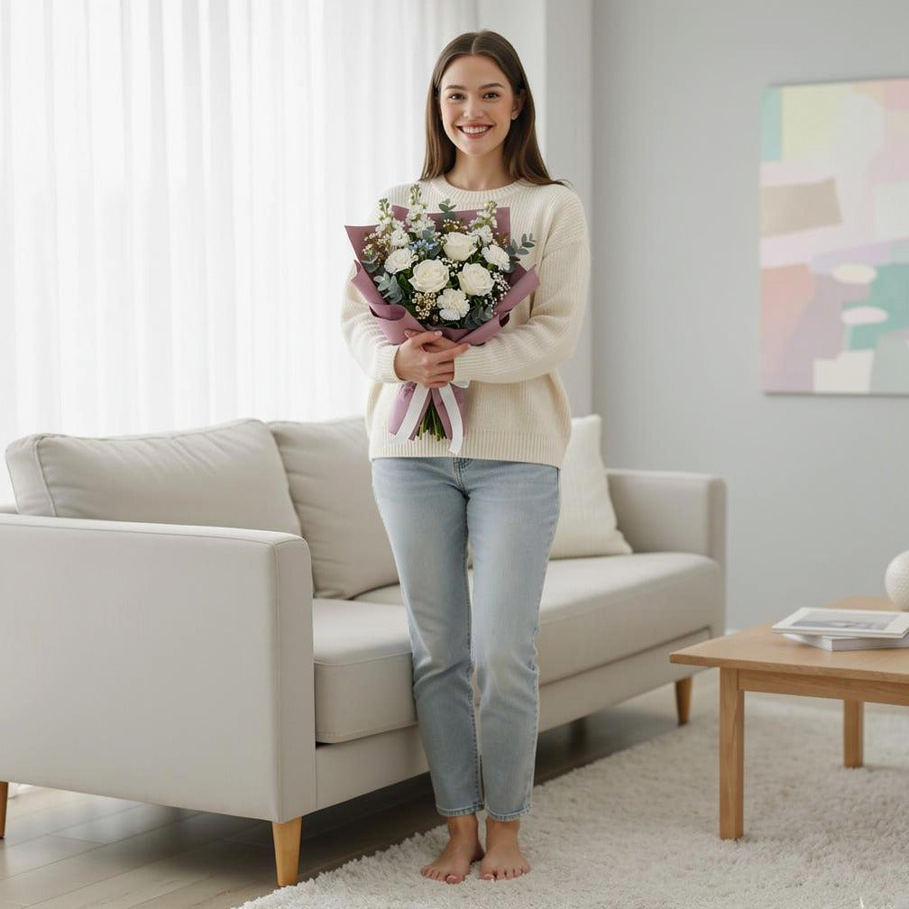 White Bouquet of Roses, Carnations & Matthiola for Father’s Day held by a model, view 2