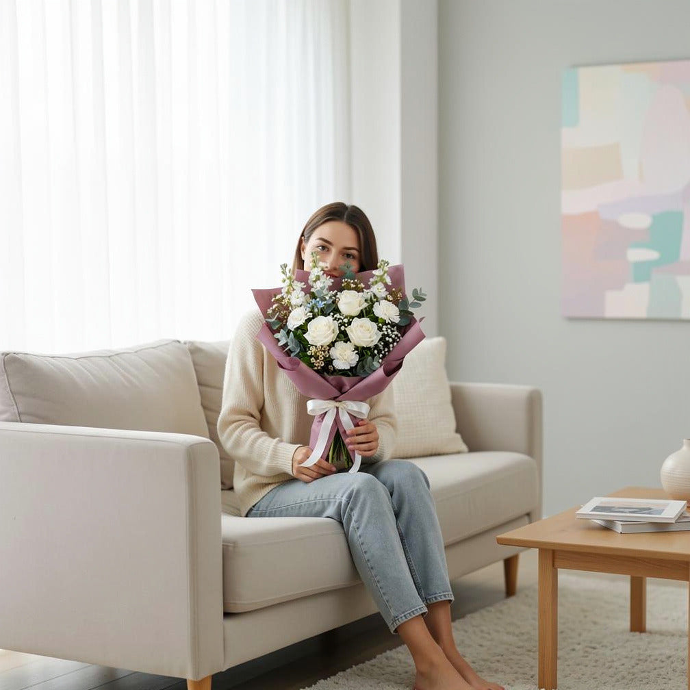 White Bouquet of Roses, Carnations & Matthiola for Father’s Day held by a model, view 3