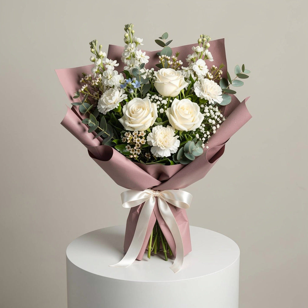 White Bouquet of Roses, Carnations & Matthiola for Father’s Day