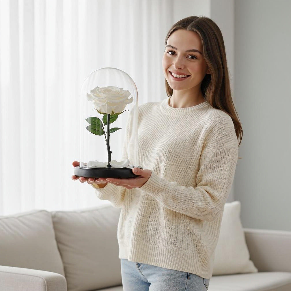 White Medium Preserved Rose held by a model, view 1