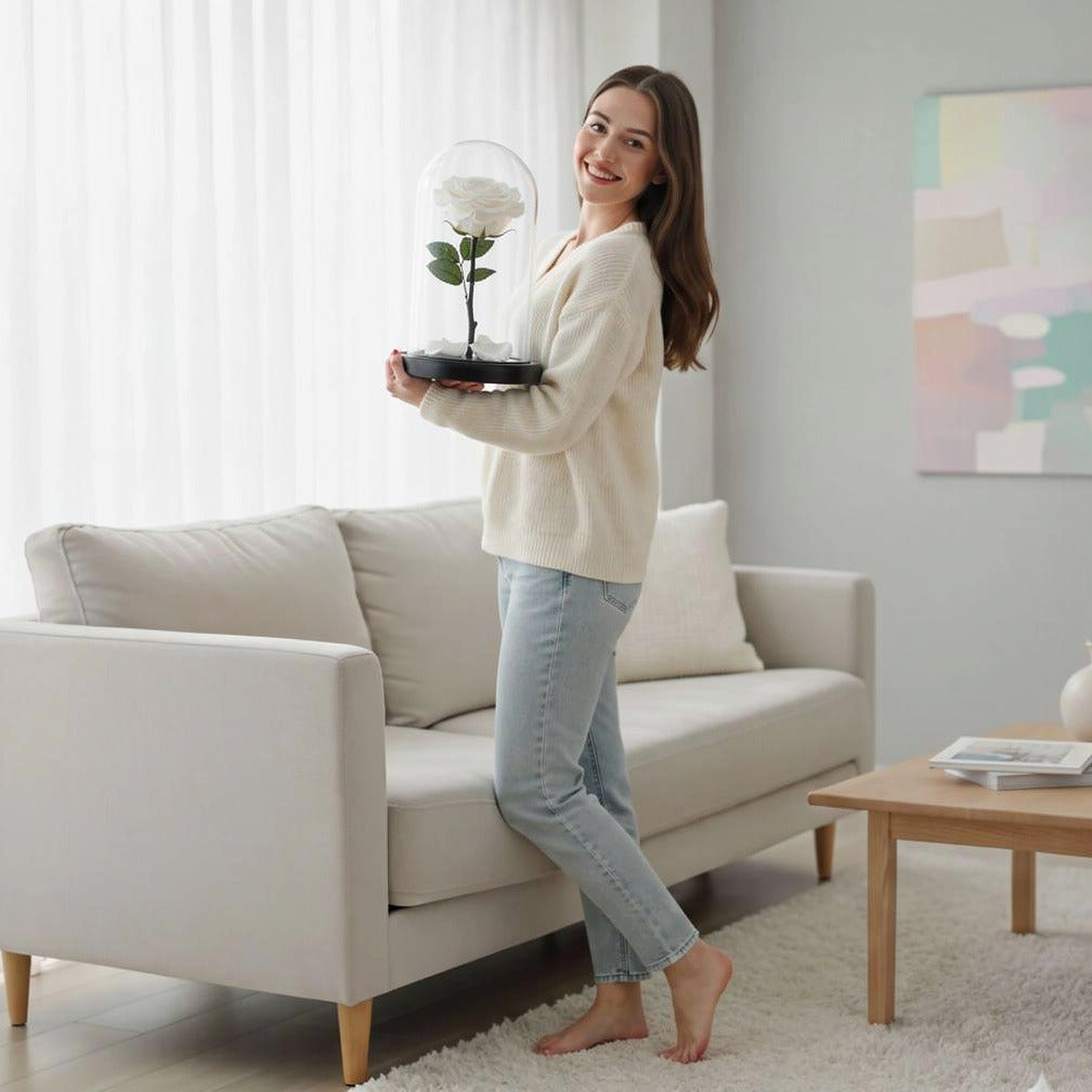 White Medium Preserved Rose held by a model, view 2