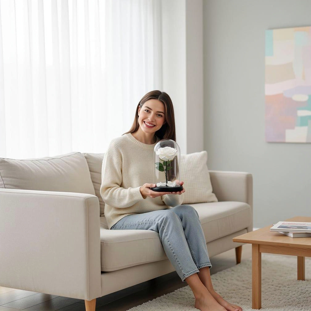 White Medium Preserved Rose held by a model, view 3