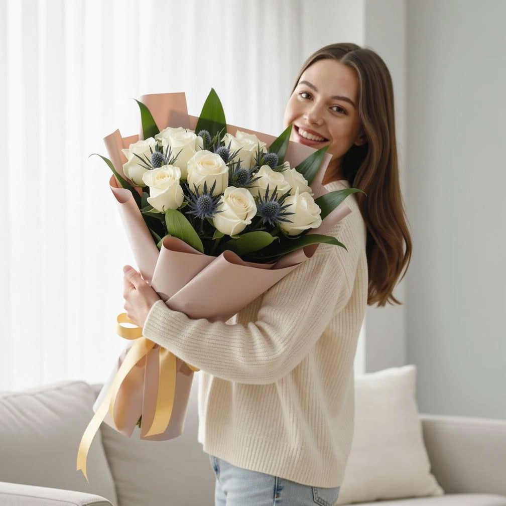 White Roses Classic Bouquet held by a model, view 1