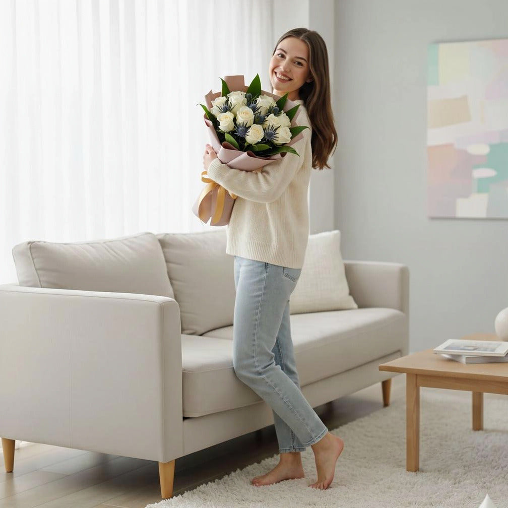 White Roses Classic Bouquet held by a model, view 2