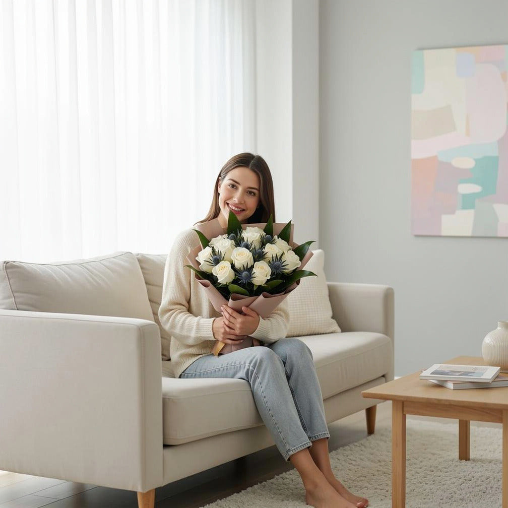 White Roses Classic Bouquet held by a model, view 3
