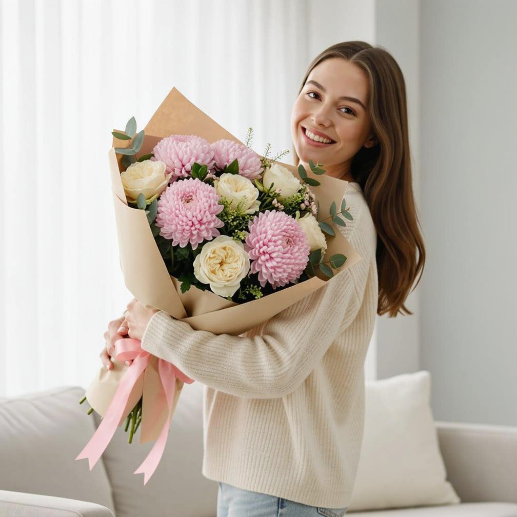 White Roses & Pink Chrysanthemum Bouquet held by a model, view 1