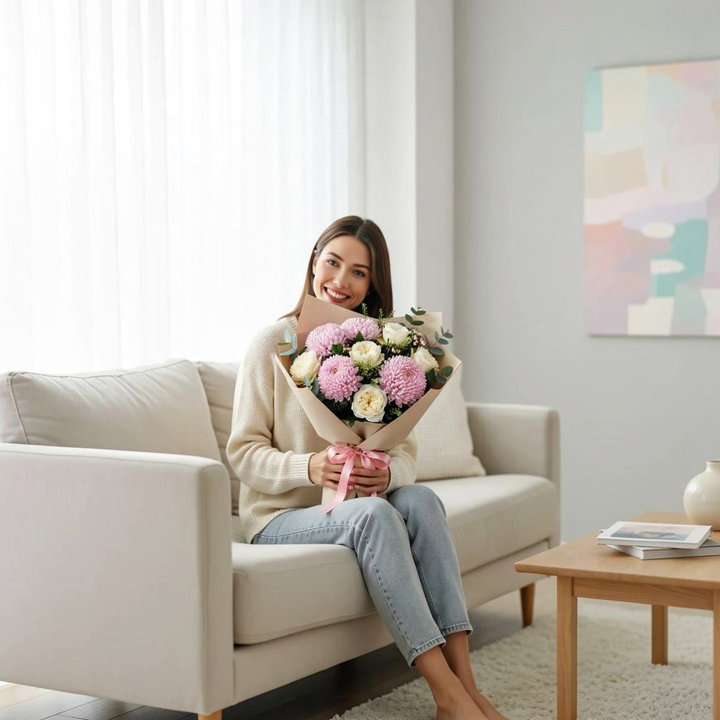 White Roses & Pink Chrysanthemum Bouquet held by a model, view 3