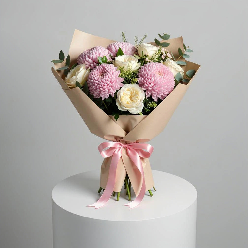 White Roses & Pink Chrysanthemum Bouquet