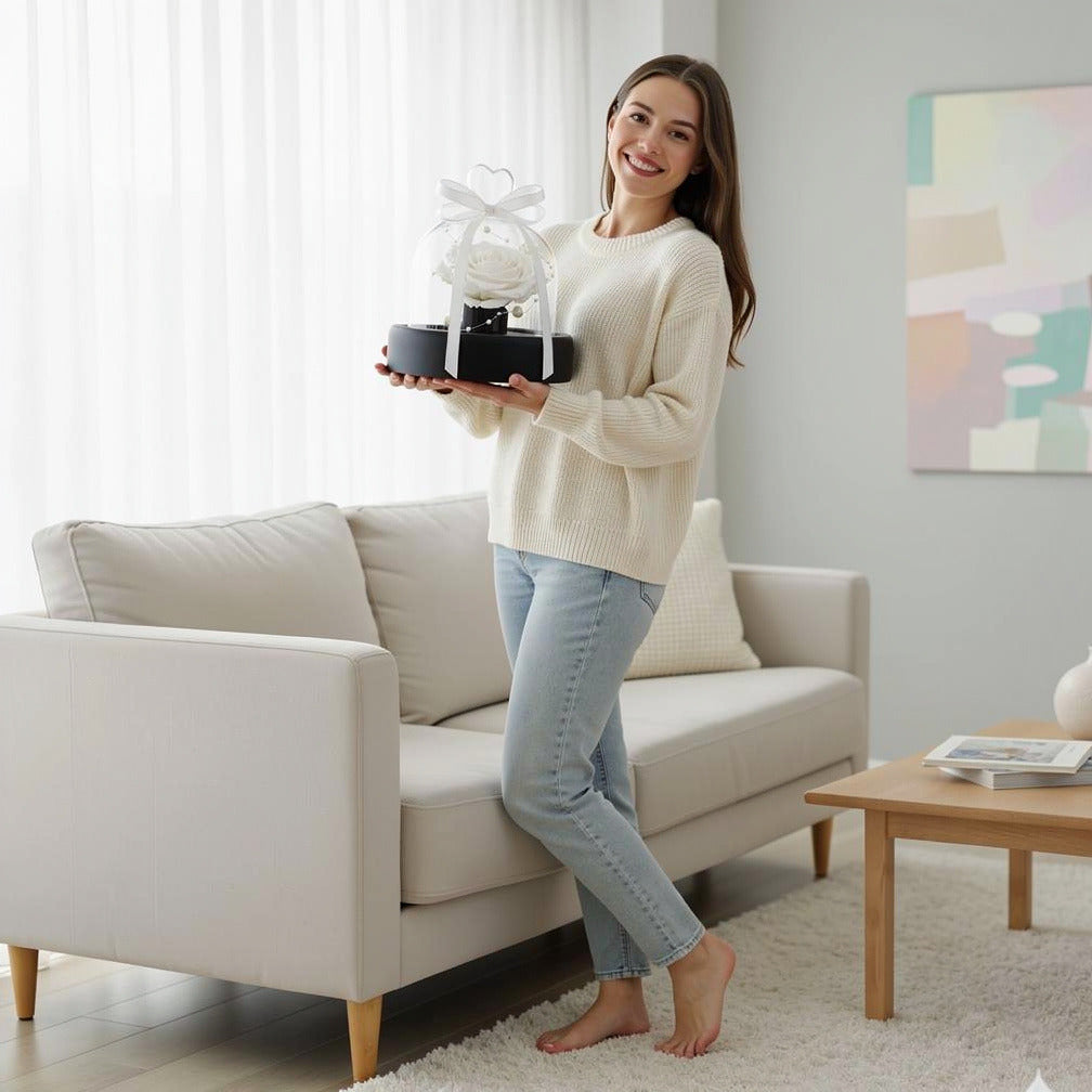 White Small Preserved Rose held by a model, view 2