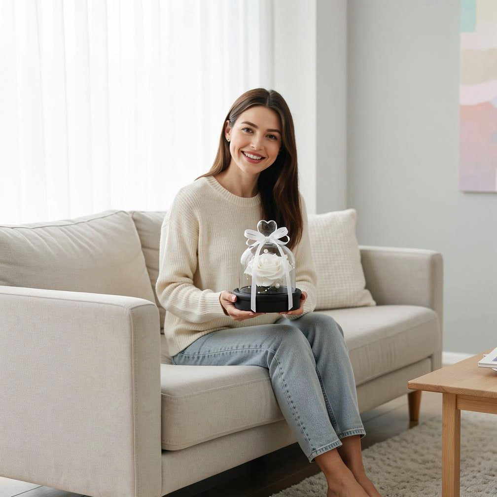 White Small Preserved Rose held by a model, view 3