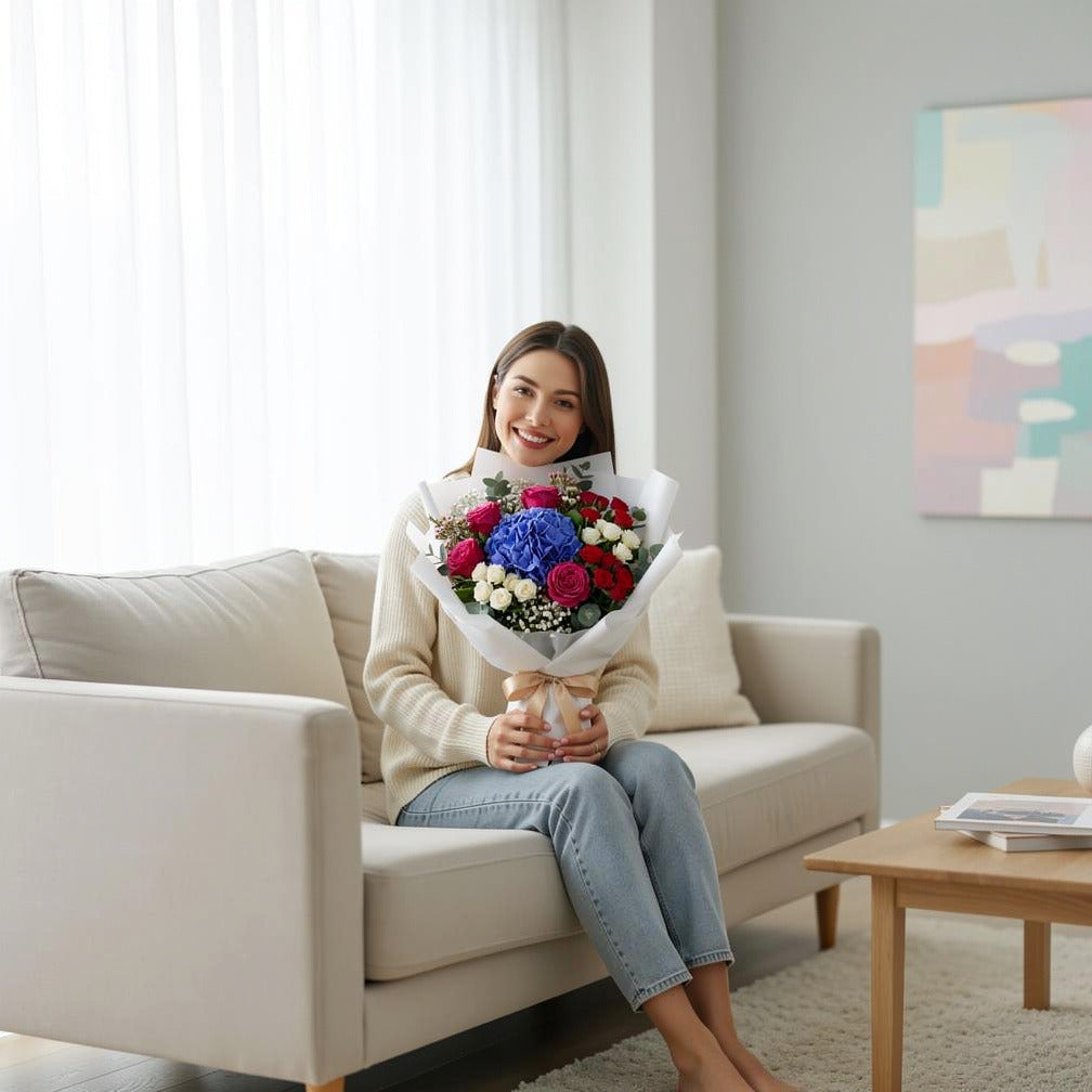 Women’s Day Blue Hydrangea & Mixed Rose Bouquet held by a model, view 3