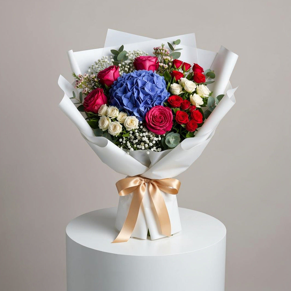 Women’s Day Blue Hydrangea & Mixed Rose Bouquet