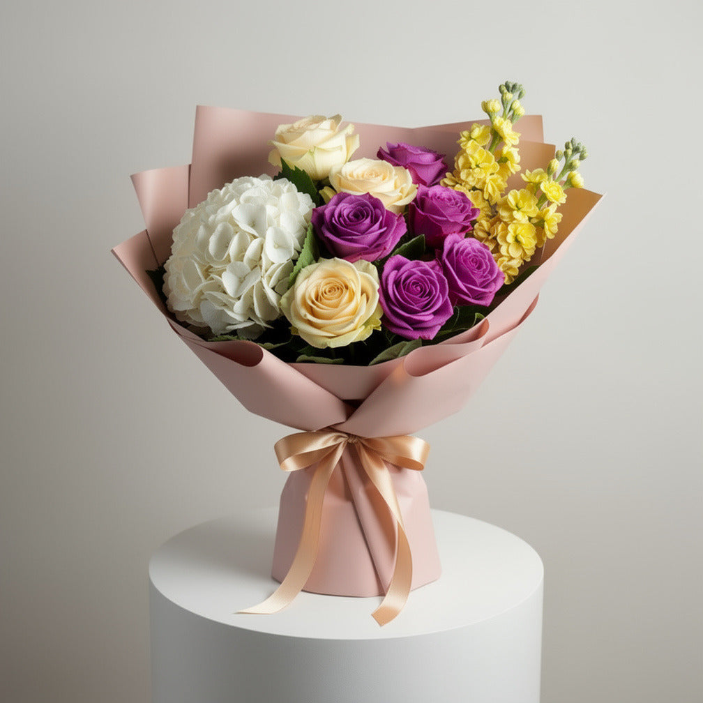 Women’s Day Bright Yellow & Purple Hydrangea Rose Bouquet