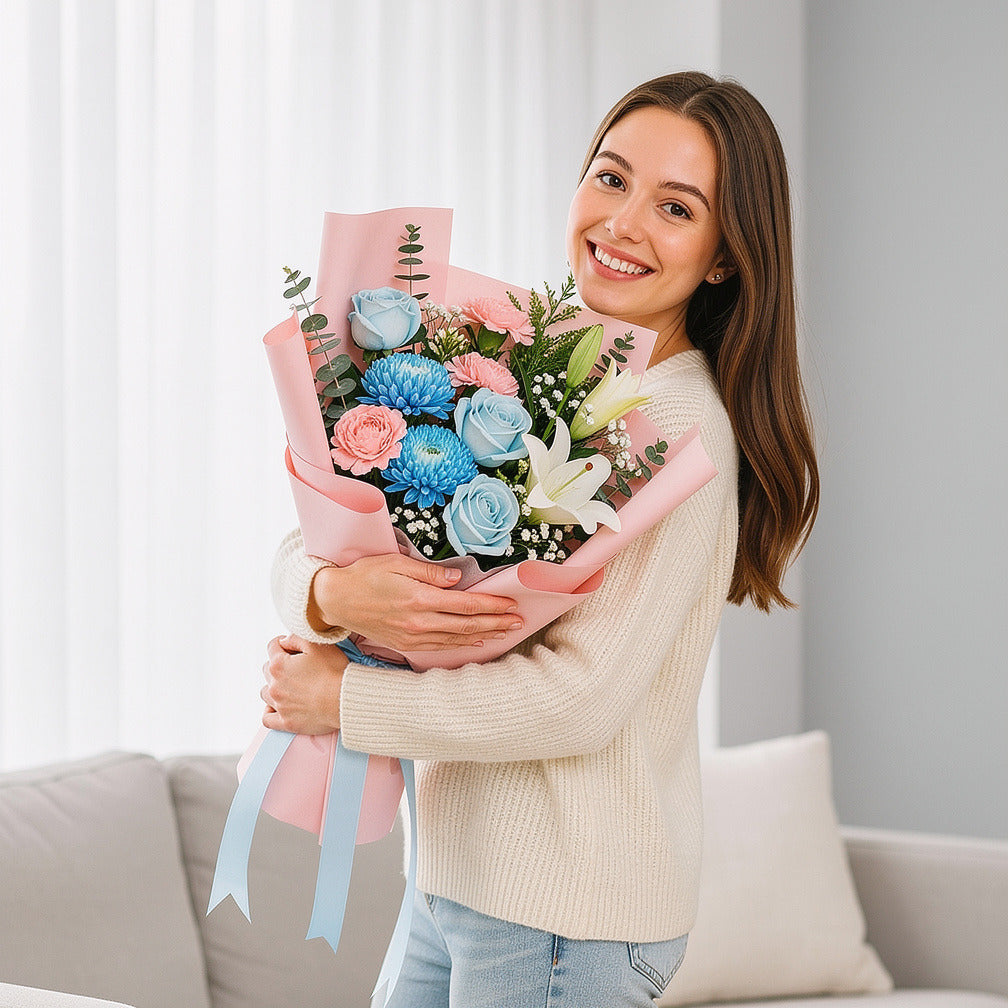 Women’s Day Elegant Blue & Pink Mixed Bouquet held by a model, view 1