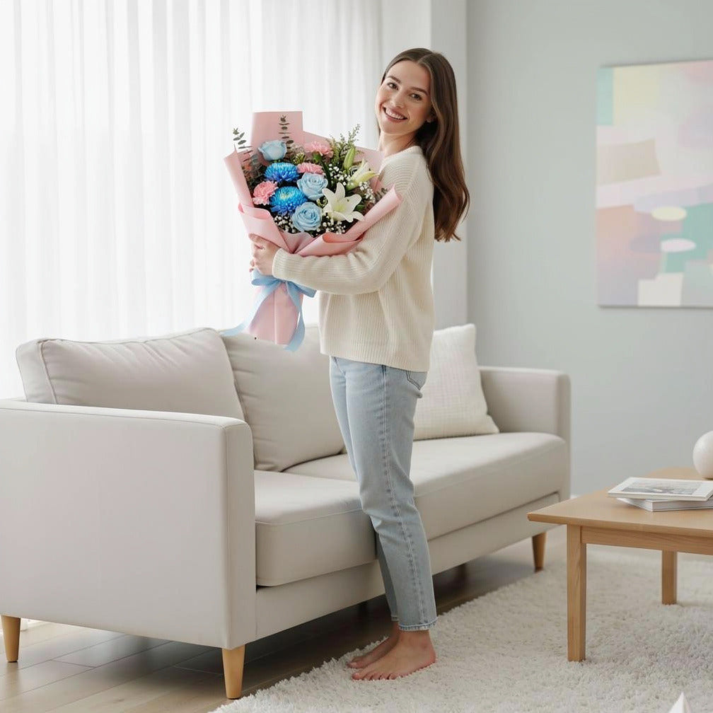 Women’s Day Elegant Blue & Pink Mixed Bouquet held by a model, view 2