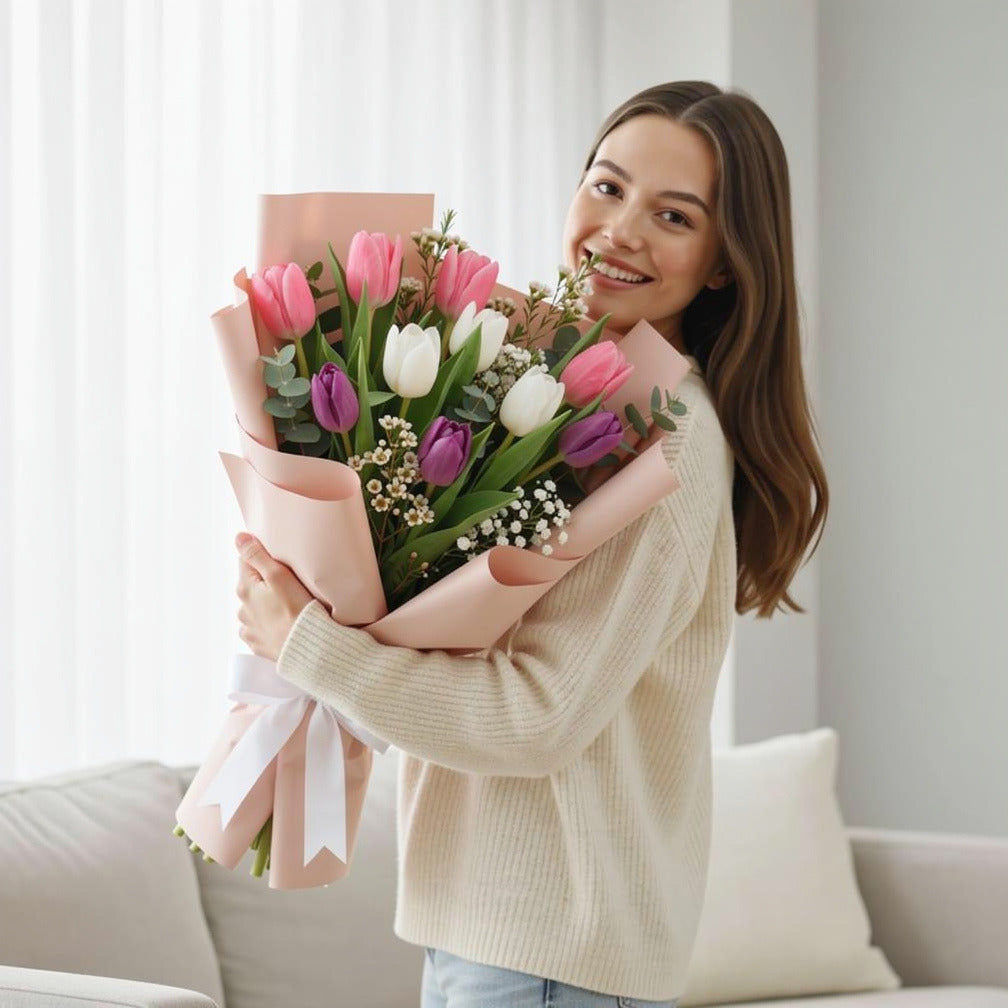 Women’s Day Elegant Tulip Bouquet held by a model, view 1