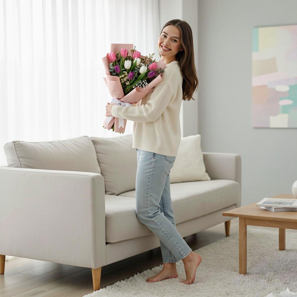 Women’s Day Elegant Tulip Bouquet held by a model, view 2