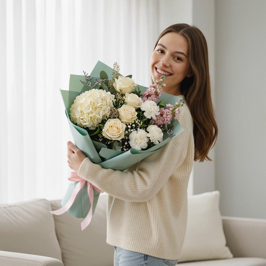 Women’s Day Ivory & White Elegant Hydrangea Bouquet held by a model, view 1