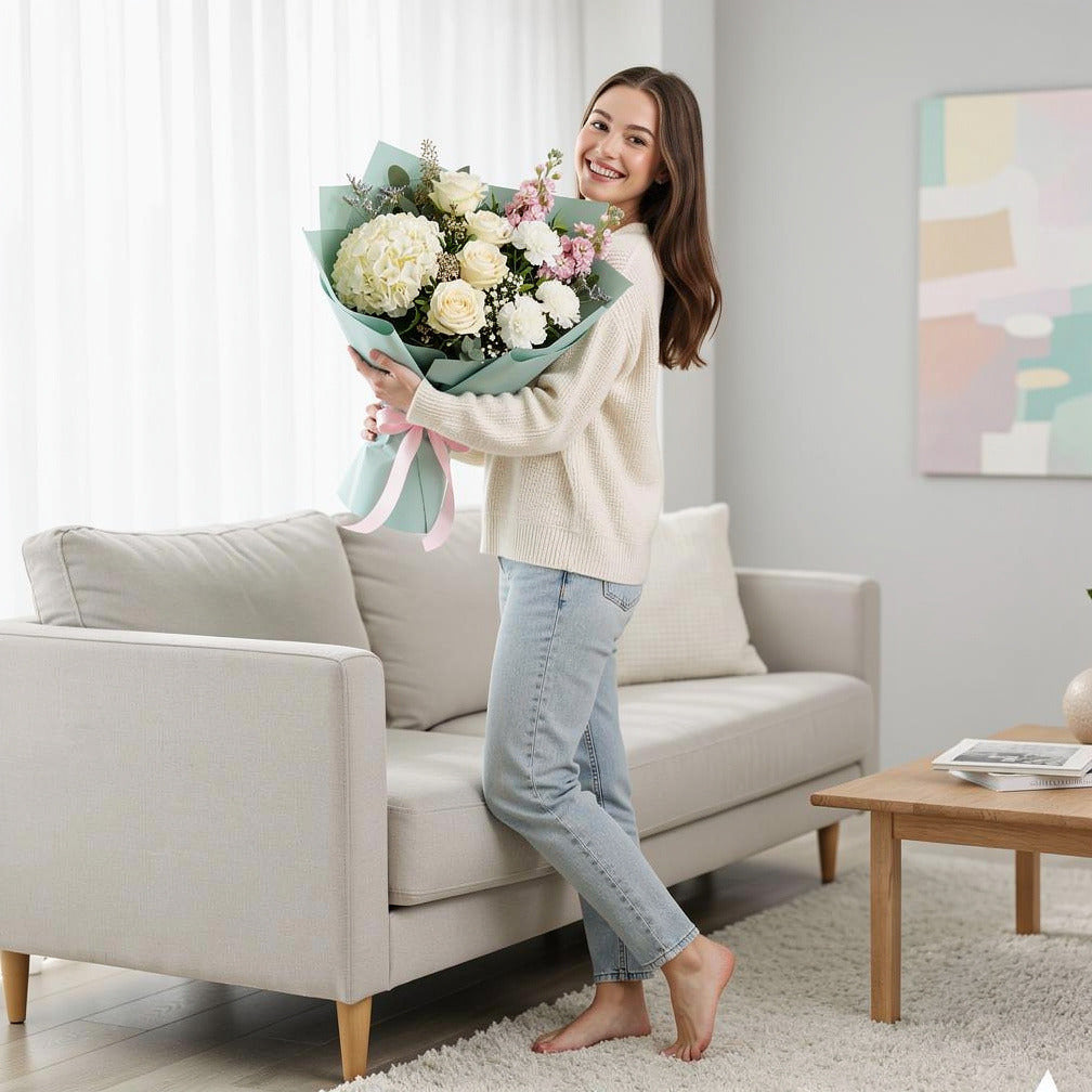 Women’s Day Ivory & White Elegant Hydrangea Bouquet held by a model, view 2