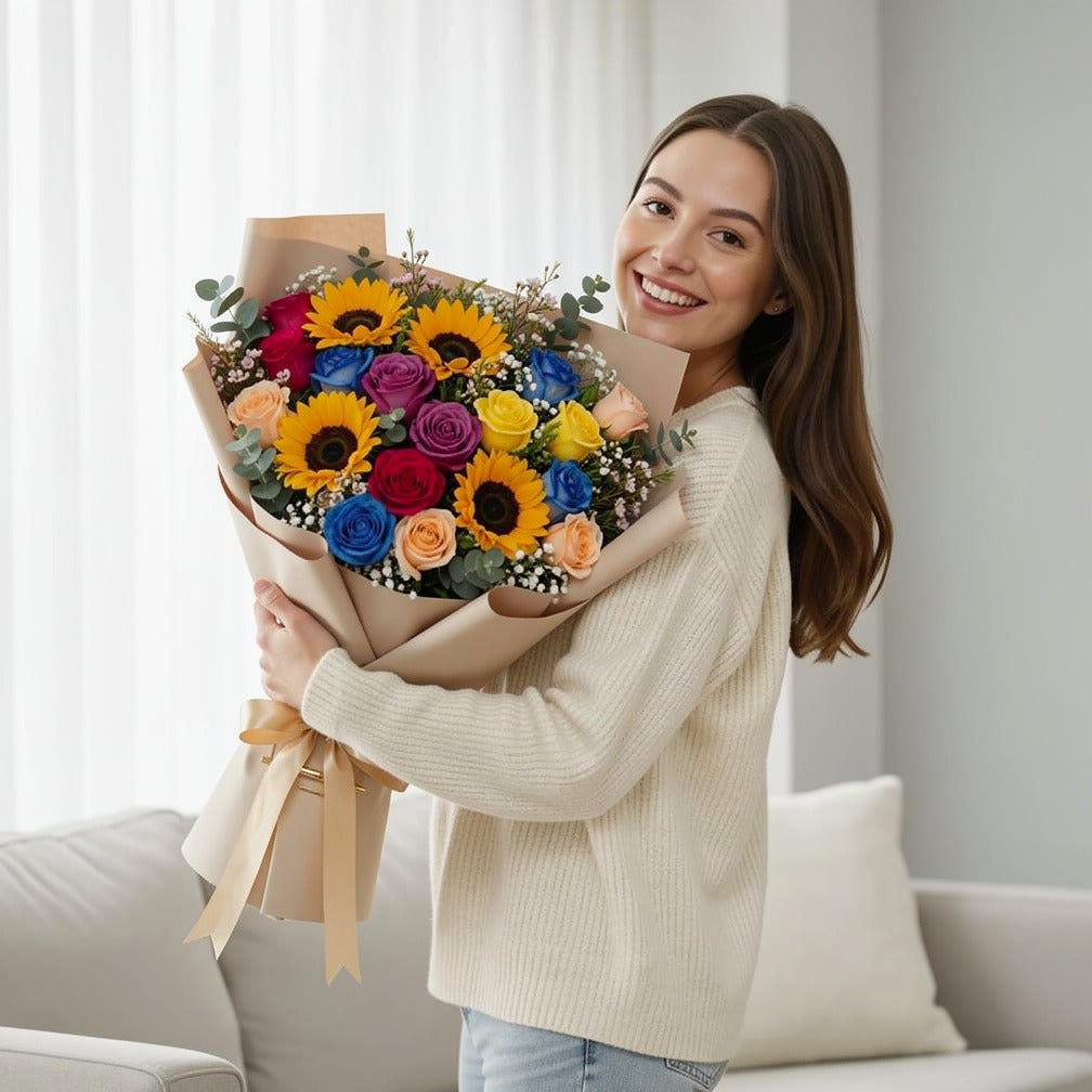 Women’s Day Luxury Multicolor Rose & Sunflower Bouquet held by a model, view 1