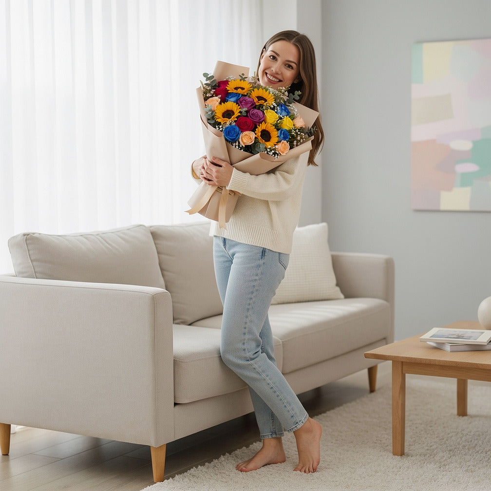 Women’s Day Luxury Multicolor Rose & Sunflower Bouquet held by a model, view 2