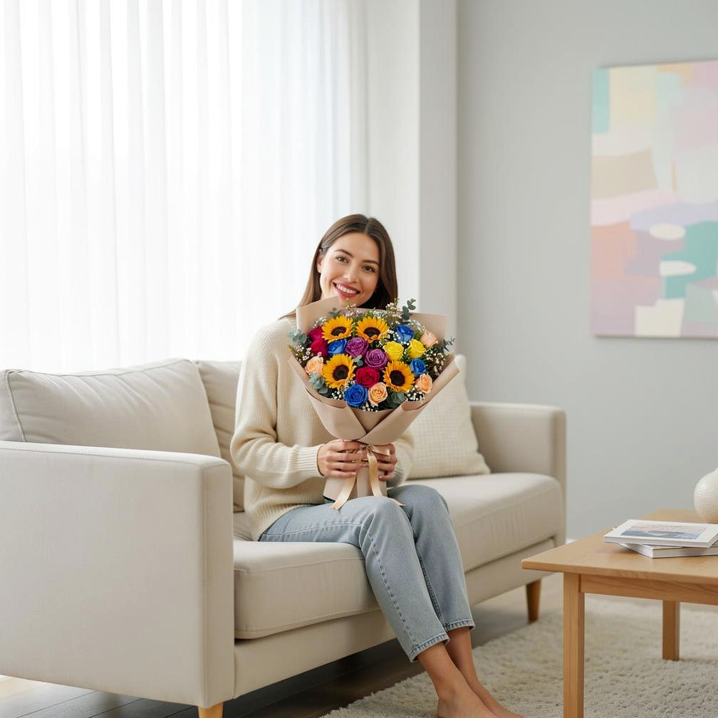 Women’s Day Luxury Multicolor Rose & Sunflower Bouquet held by a model, view 3