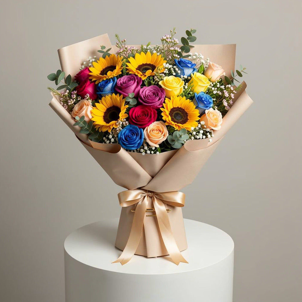 Women’s Day Luxury Multicolor Rose & Sunflower Bouquet