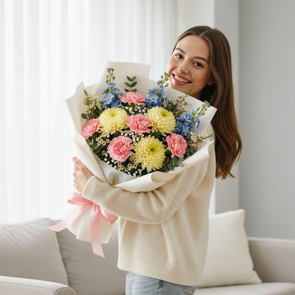 Women’s Day Pastel Carnation & Chrysanthemum Bouquet held by a model, view 1