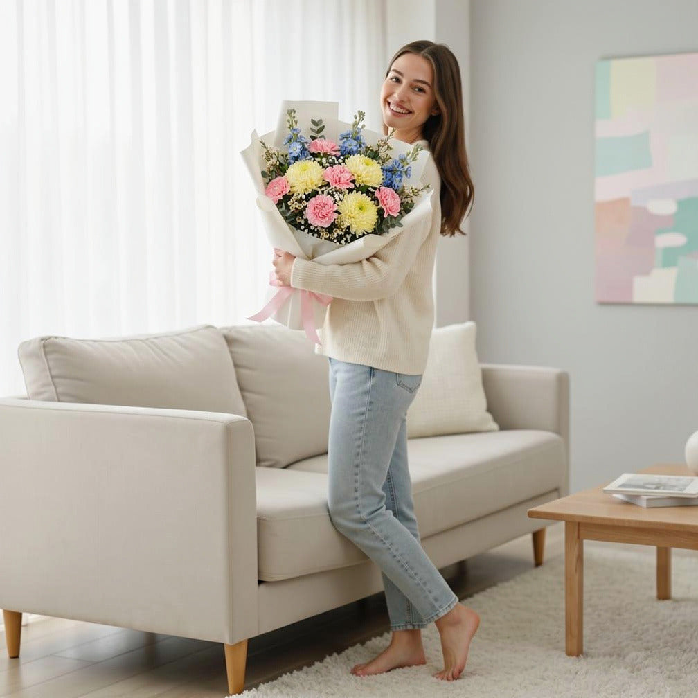 Women’s Day Pastel Carnation & Chrysanthemum Bouquet held by a model, view 2