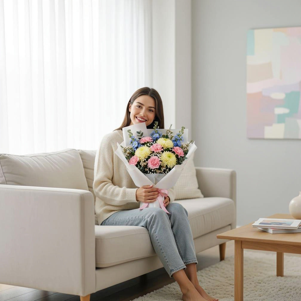 Women’s Day Pastel Carnation & Chrysanthemum Bouquet held by a model, view 3