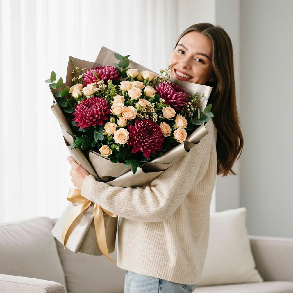 Women’s Day Peach & Pink Soft Elegance Bouquet held by a model, view 1