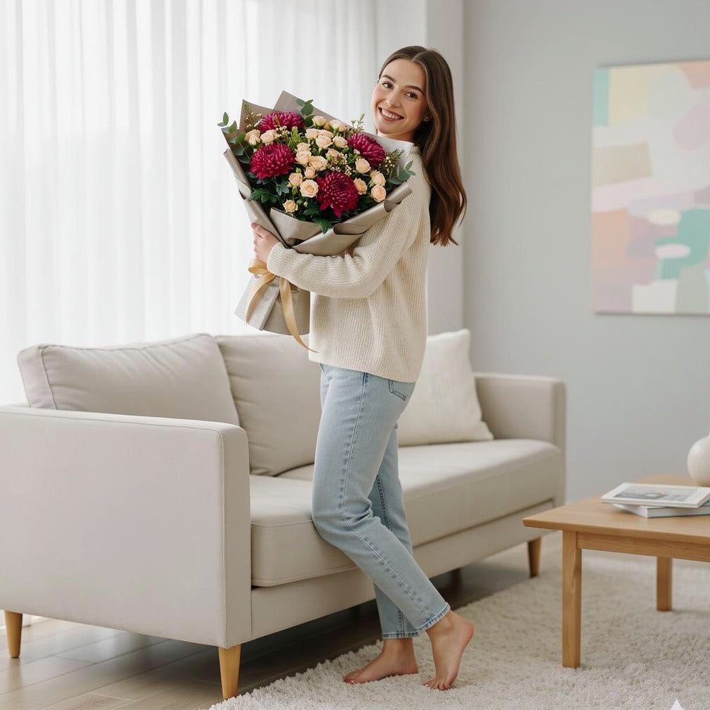 Women’s Day Peach & Pink Soft Elegance Bouquet held by a model, view 2